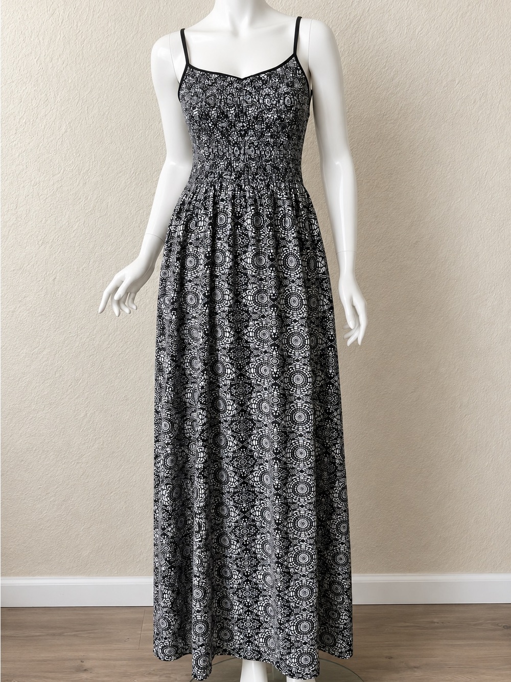 Black & White Printed Maxi Dress with Smocked Bodice